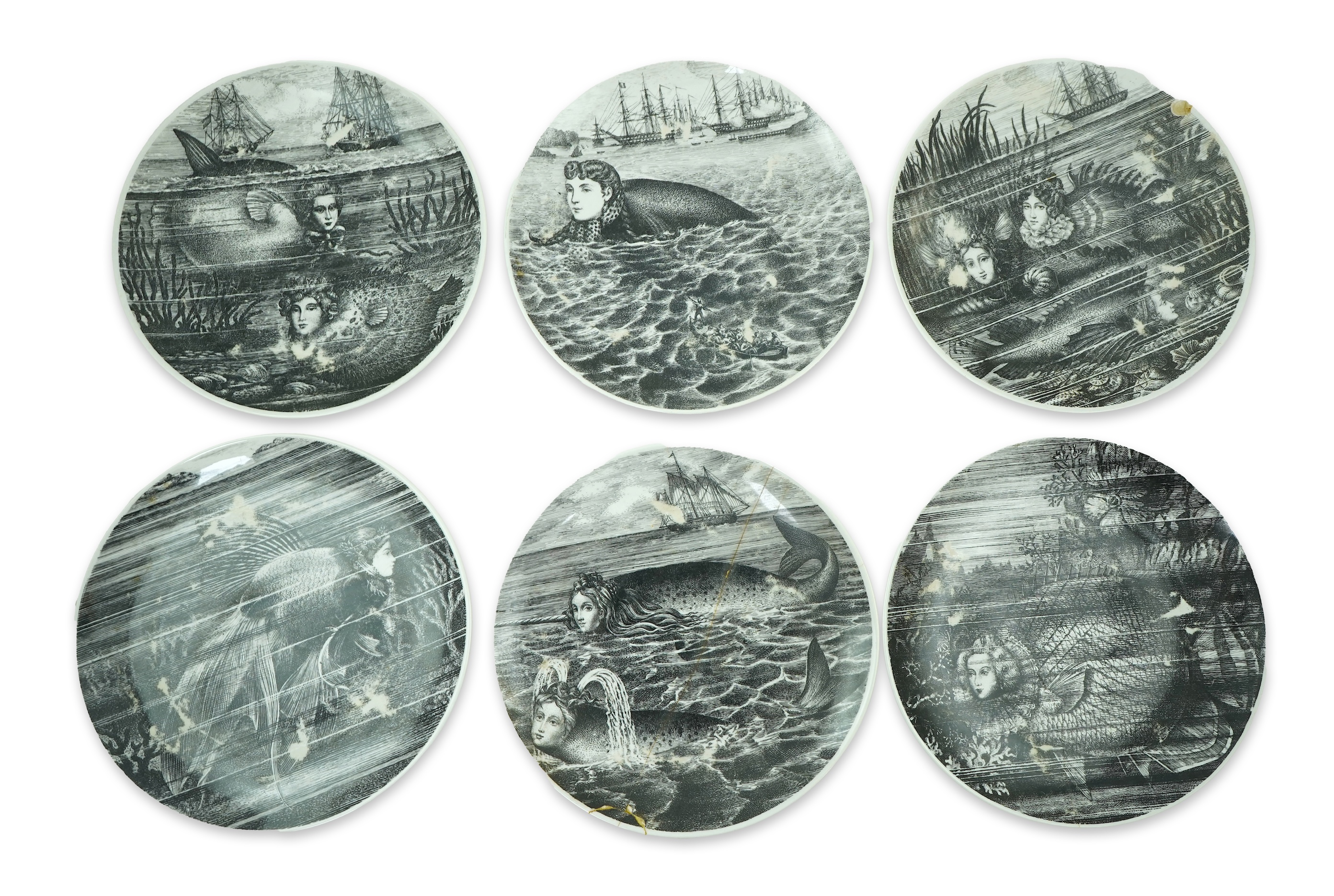 Piero Fornasetti (Italian, 1913-1988): Six ‘Sirene’ plates